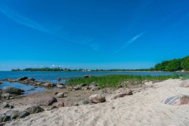 Ruegen adasındaki Zudar yarımadasında Neukamp manzaralı Wreechen sahilinde güneşli güzel bir sabah.