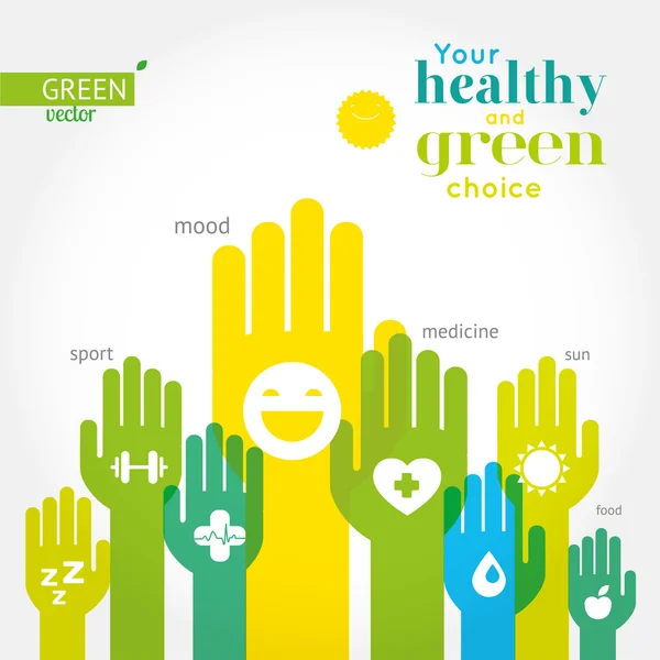 Mãos verdes, amarelas e azuis com símbolos de estilo de vida saudável, comida e esporte — Vetor de Stock