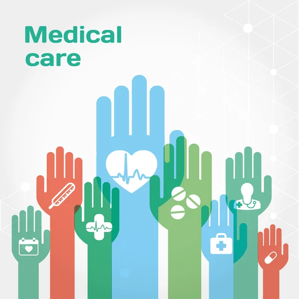 Cuidados médicos composição ícone plana com as mãos —  Vetores de Stock