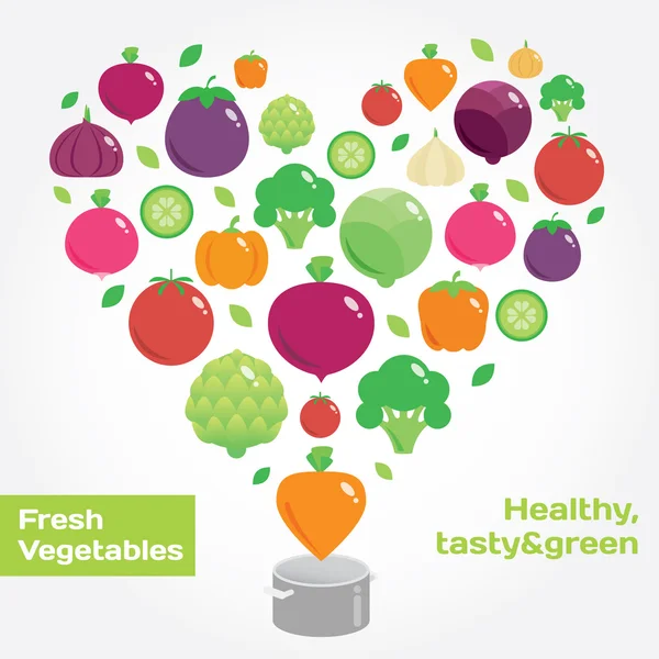 Legumes e frutas redondas ícones planos no coração . — Vetor de Stock