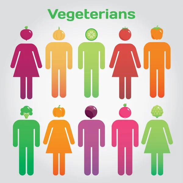 Vegetarier. Männer und Frauen mit Gemüse statt mit dem Kopf. — Stockvektor