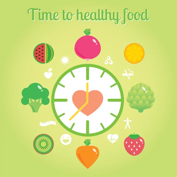 Tempo para comida saudável. Relógio com legumes e frutas . — Vetor de Stock