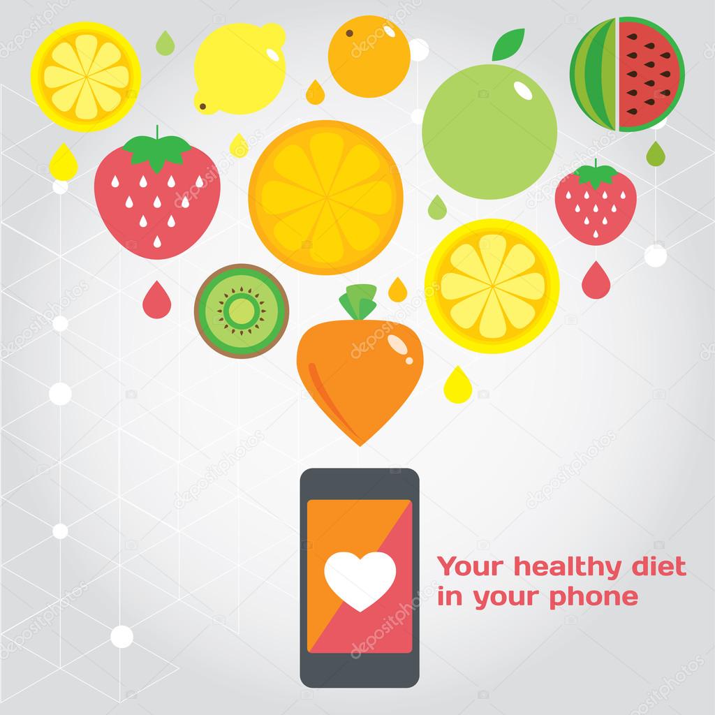 Modern illustration, stylish design element.Your healthy food in you phone. Fruits.