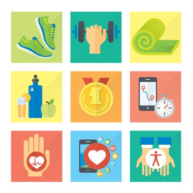 Spor ve sağlıklı yaşam konsepti düz Icon set