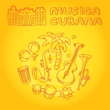 Küba müziği illüstrasyon müzik aletleri, avuç içi, geleneksel mimarisi ile.