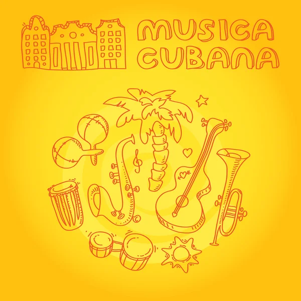 Ilustración musical cubana con instrumentos musicales, palmeras, arquitectura tradicional . —  Fotos de Stock