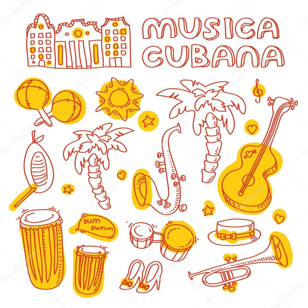 Cuban music illustration with musical instruments, palms, traditional architecture.