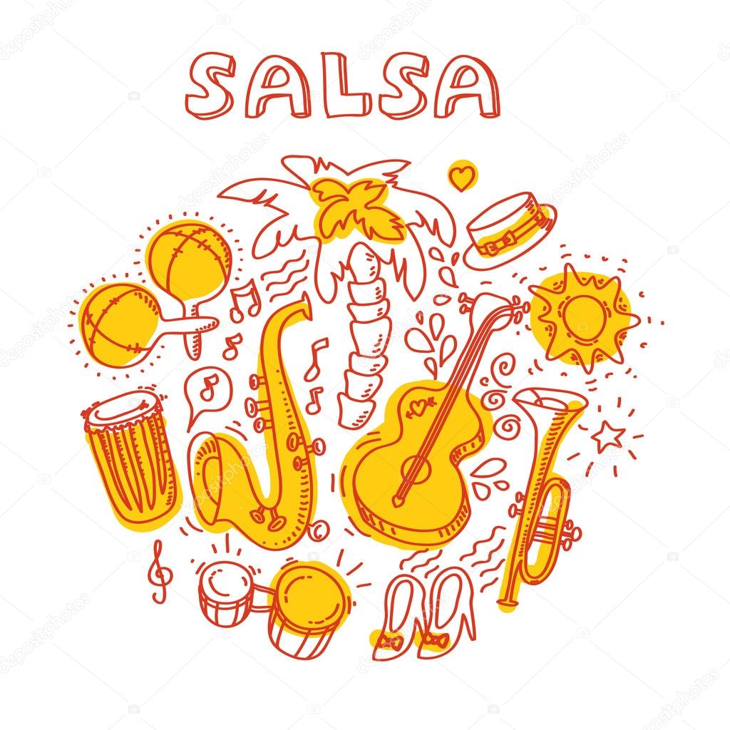 Salsa music and dance illustration with musical instruments, palms, etc