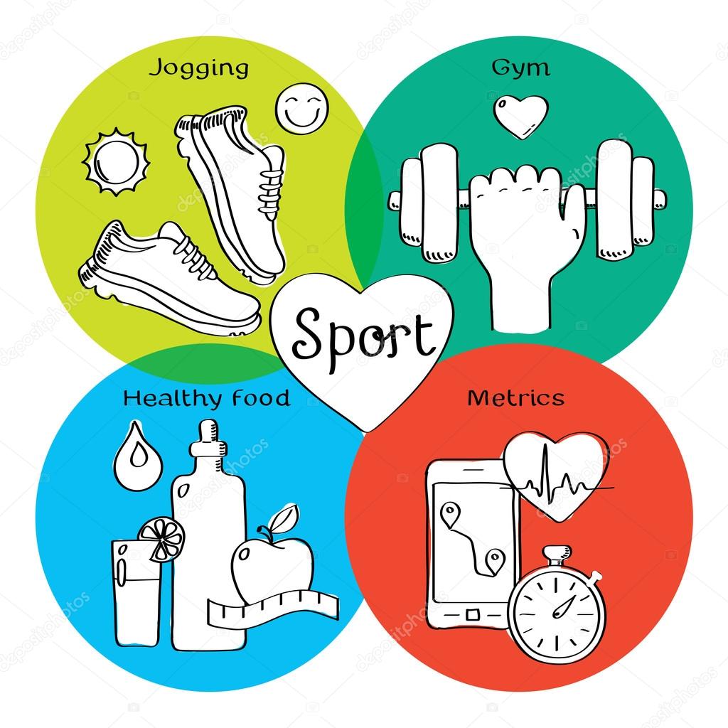 Healthy life concept handdrawn icons of jogging, gym, healthy food, metrics.