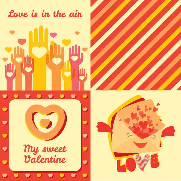 Día de San Valentín cuatro tarjetas de felicitación y conjunto de patrones . —  Fotos de Stock