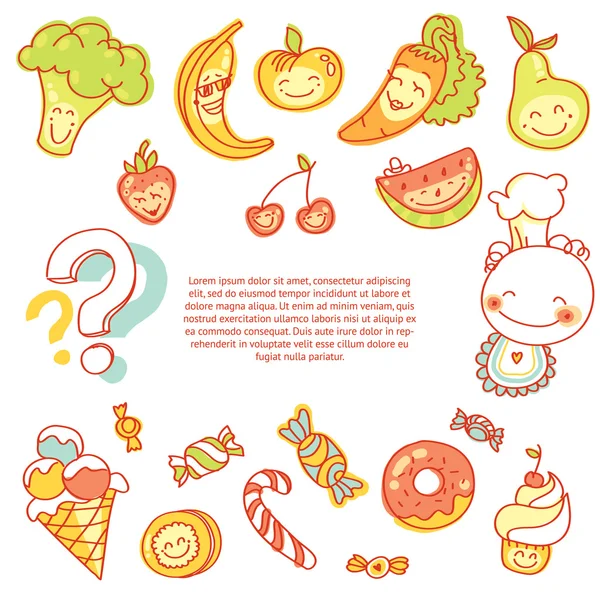 Child food set of colorful fruits — Stock Illustration Child food set of colorful fruits Vector Graphics