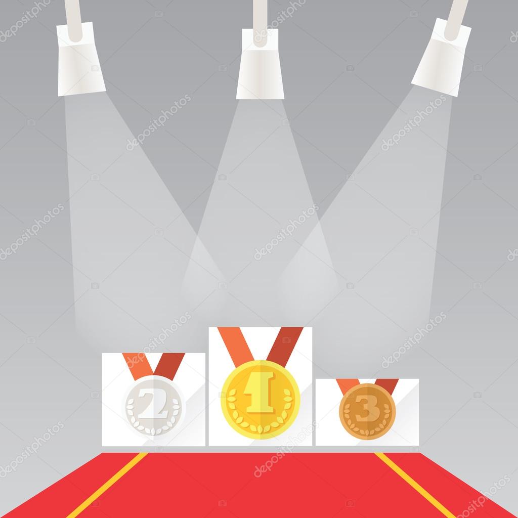Pedestal of first, second and third places with soffit lights. Three medals. Gray backround