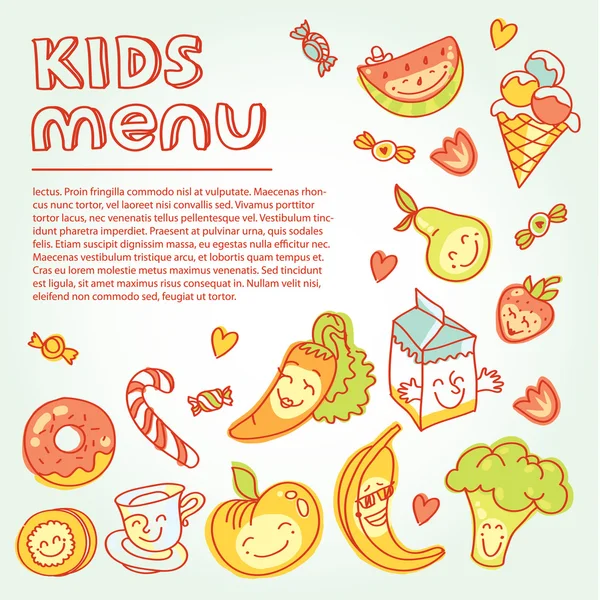 Kids menu with colorful smiling fruits — Stock Illustration Kids menu with colorful smiling fruits Royalty Free Stock Vectors