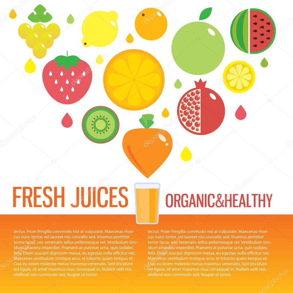 Fresh juice, colorful round fruit icon set for market or cafe. Vector modern illustration, stylish design element