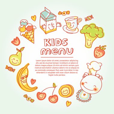Çocuk ve bebek gıda, çocuklar menü renkli gülümseyen meyve, sebze, tatlı, kurabiye