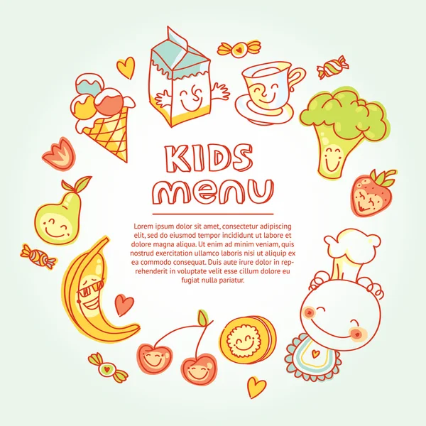 Aliments pour enfants et bébés, menu pour enfants avec fruits souriants colorés, légumes, bonbons, biscuits — Photo