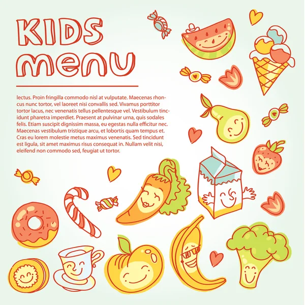 Alimentos para crianças e bebês, menu infantil com frutas sorridentes coloridas, legumes, doces, biscoitos — Fotografia de Stock