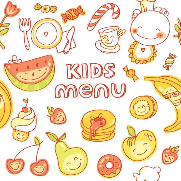 Kind en baby eten, kinderen menu met kleurrijke lachende fruit, groenten, snoep, koekjes — Stockfoto