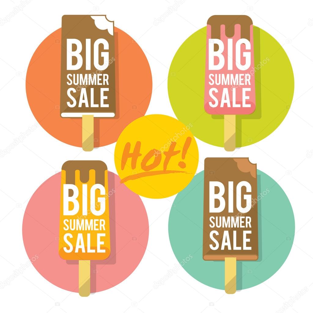Template for summer sale with ice-cream. Refreshing in summertime. Prices are thawing. Flat layered modern vector illustration and design element.