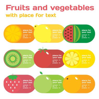 Freah juice colorful round fruits, vegetables icon set and pattern for market or cafe
