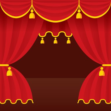 Açık kırmızı perdeli tiyatro sahnesi. 