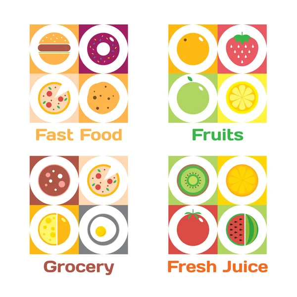 Colorful round fruits, vegetables, dishes and food icon set for market or cafe — Stock Photo, Image