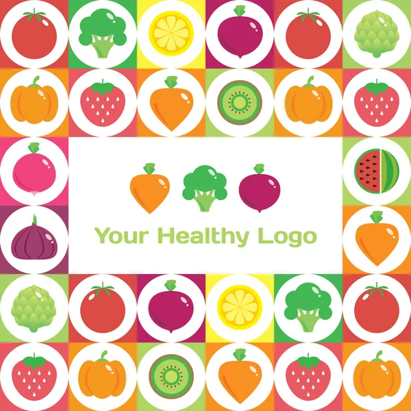 Renkli yuvarlak meyve ve sebze ile arka plan, logo veya metin için yer. — Stok fotoğraf