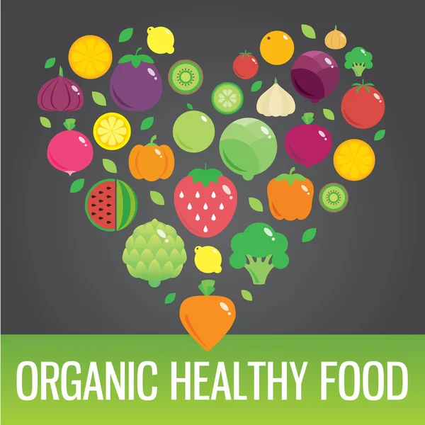 Sebze ve meyve yuvarlak kalbinde düz simgeler. Organik sağlıklı gıda. — Stok fotoğraf