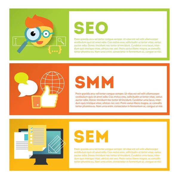 Search optimization and internet media marketing illustration set. — Stock Fotó