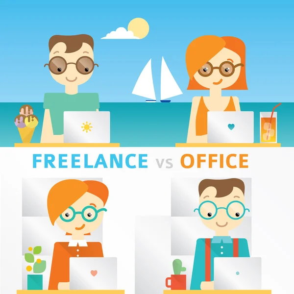 Freelancers que trabajan en la playa y en equipo en la oficina — Vector de stock