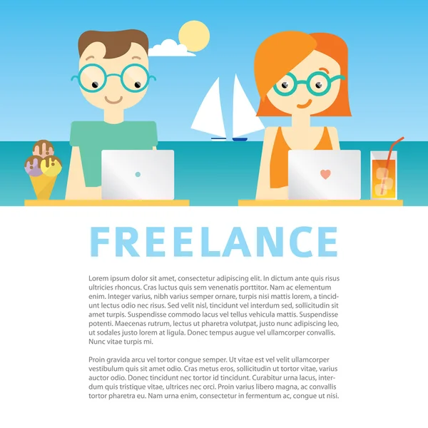 Freelancers working on the sea background — Stock Vector
