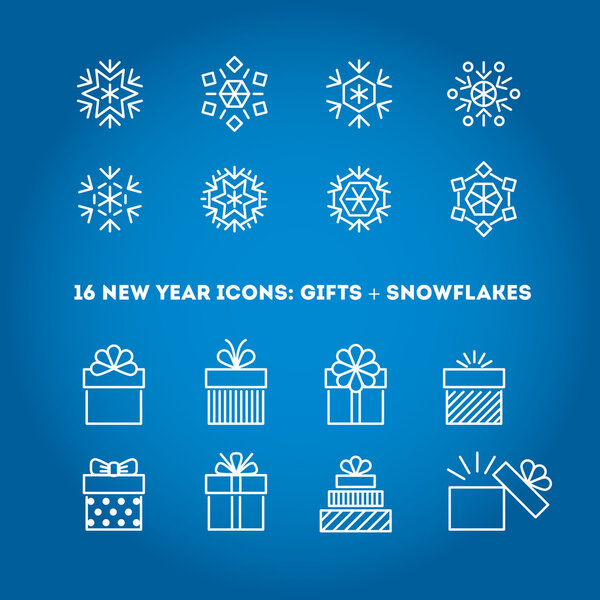 Набор значков снежинки и подарков
