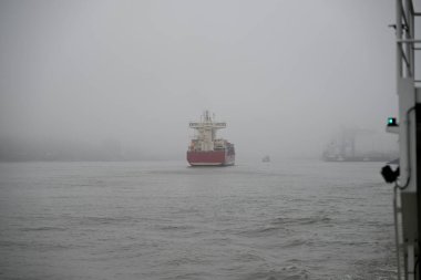 Gemiler sisli bir günde Hamburg Limanı 'na varırlar. Turna, kap, nehir, su. Hamburg Limanı, Hamburg, Almanya