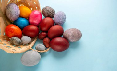 Sepetten renkli yumurtalar döküldü. Paskalya Konsepti.