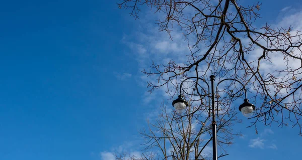 Gökyüzünün Arka Planında Iki Lamba Olan Bir Sokak Lambası Çıplak — Stok fotoğraf