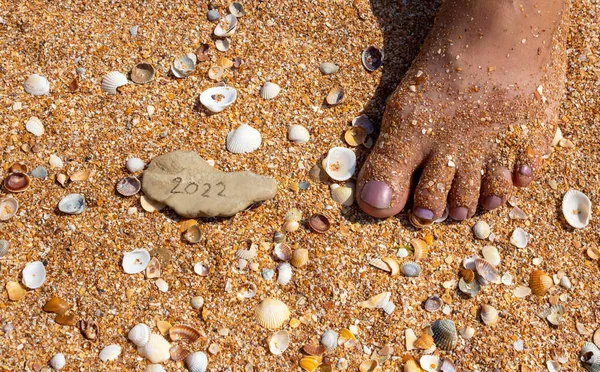 Los Números 2022 Están Una Pequeña Piedra Gris Sobre Fondo — Foto de Stock