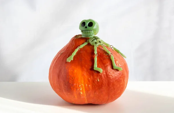 Een Groen Speelgoedskelet Zit Een Oranje Pompoen Het Concept Van — Stockfoto