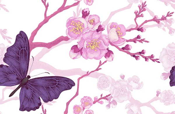 Бесшовный рисунок с бабочкой и вишневой веткой . — стоковый вектор