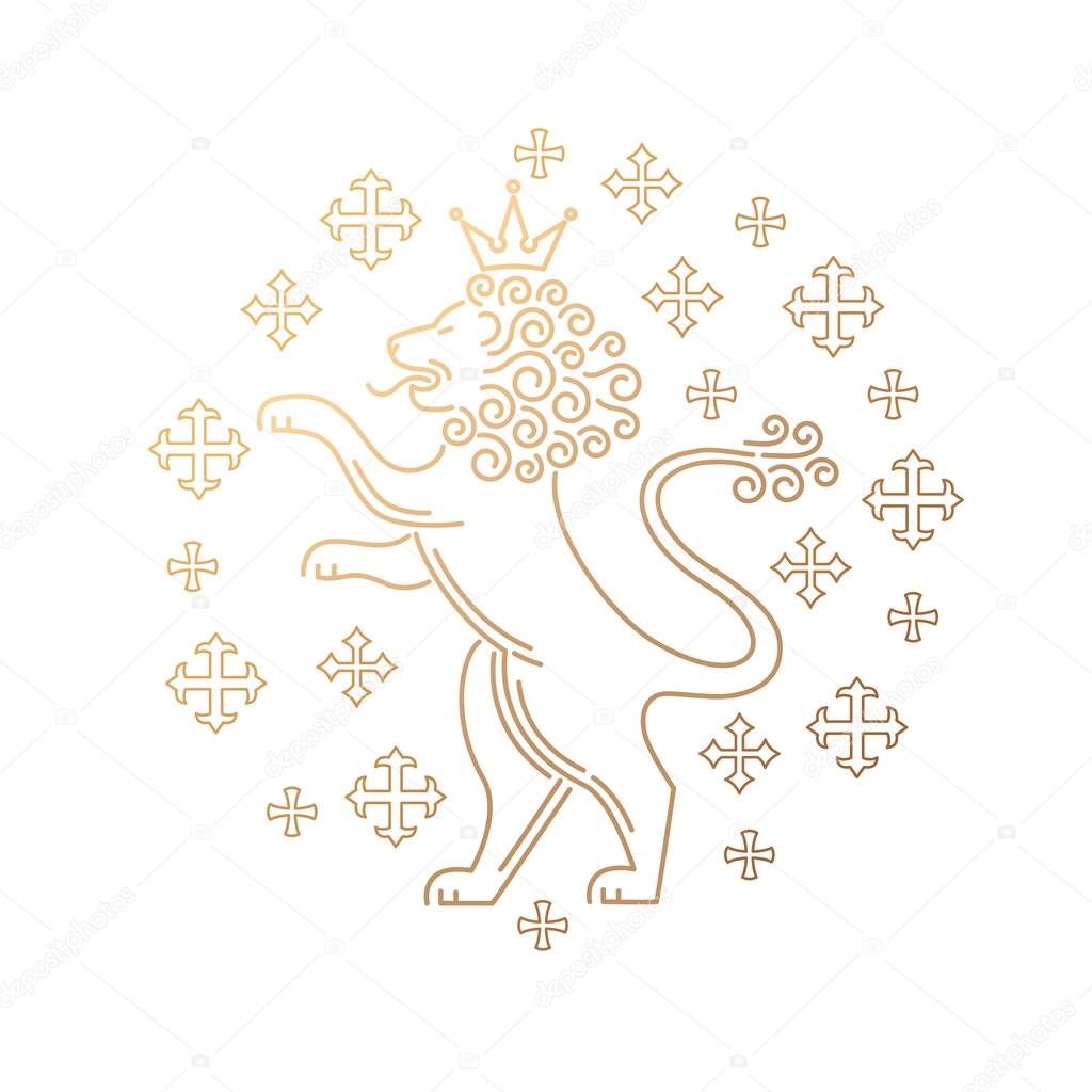 Vector template symbols of royalty, lions, crowns. Modern creative illustration of lion, predatory lion, lion on hind legs. Stamping gold foil lion for luxury packaging business goods and services.