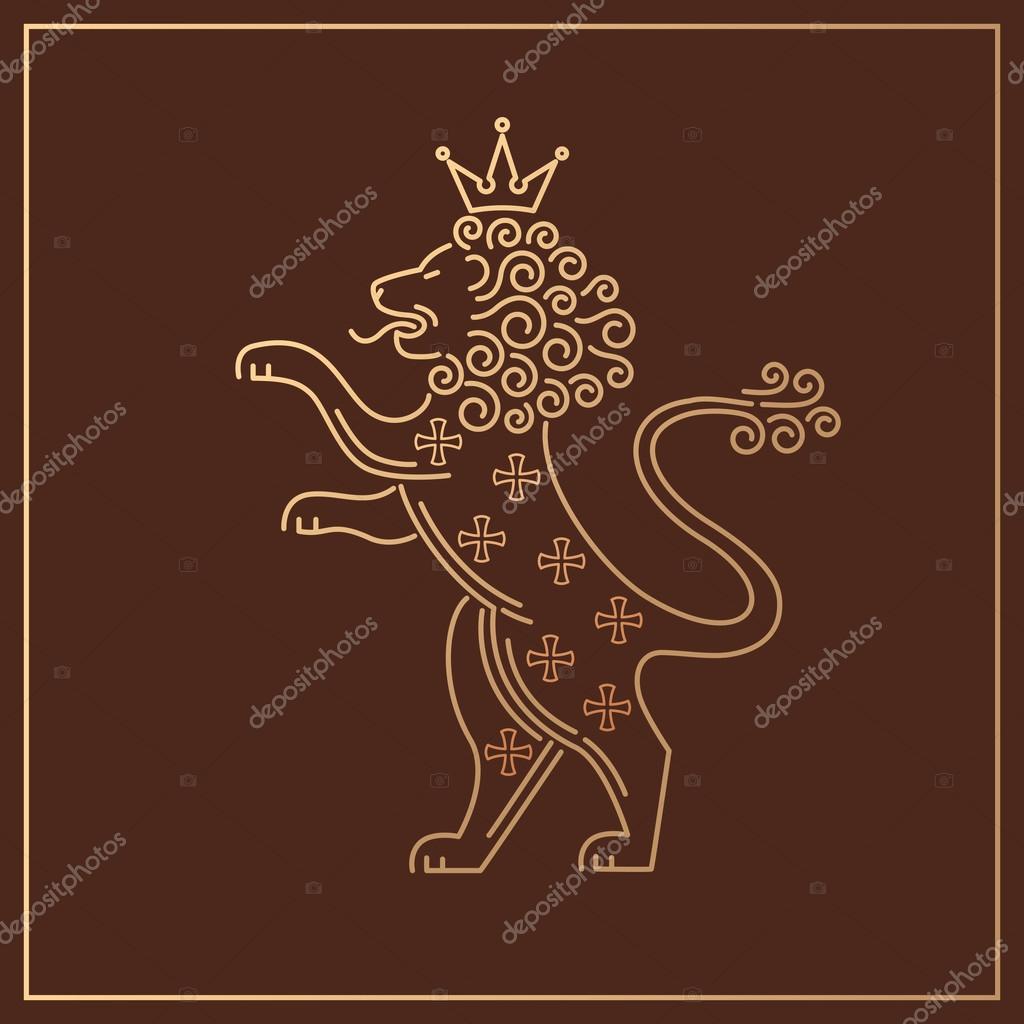Vector template symbols of royalty, lions, crowns. Modern creative illustration of lion, predatory lion, lion on hind legs. Stamping gold foil lion for luxury packaging business goods and services.