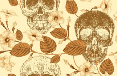 Çiçekler ve kafatasları ile dikişsiz desen.