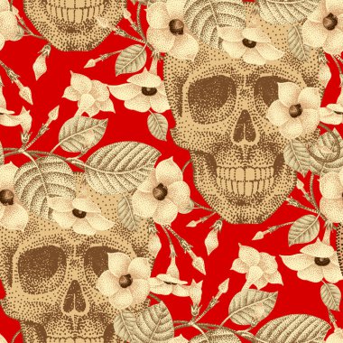 Çiçekler ve kafatasları ile dikişsiz desen.