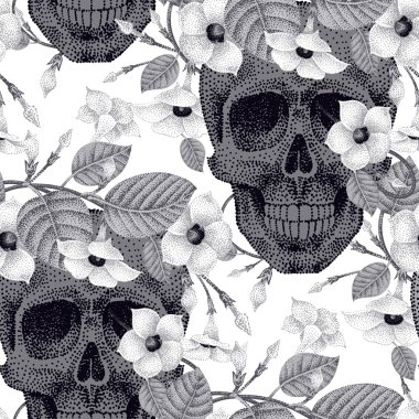 Çiçekler ve kafatasları ile dikişsiz desen.