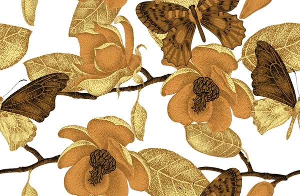 Illustratie van Magnolia bloemen en vlinders. — Stockvector