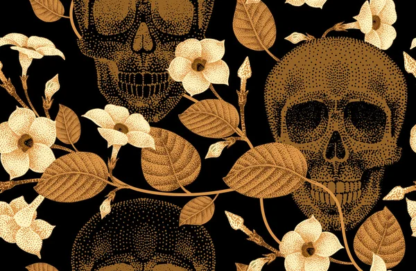 Patrón sin costuras con calaveras y flores . — Archivo Imágenes Vectoriales