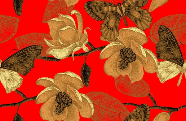 Seamless mönster med magnolia blommor och fjärilar. — Stock vektor