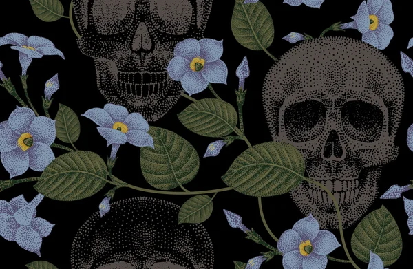 Patrón sin costuras con flores y calaveras . — Archivo Imágenes Vectoriales