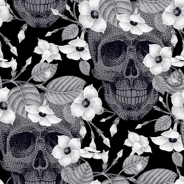 Naadloos patroon met bloemen en schedels. — Stockvector