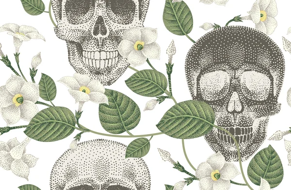 Patrón sin costuras con flores y calaveras . — Archivo Imágenes Vectoriales