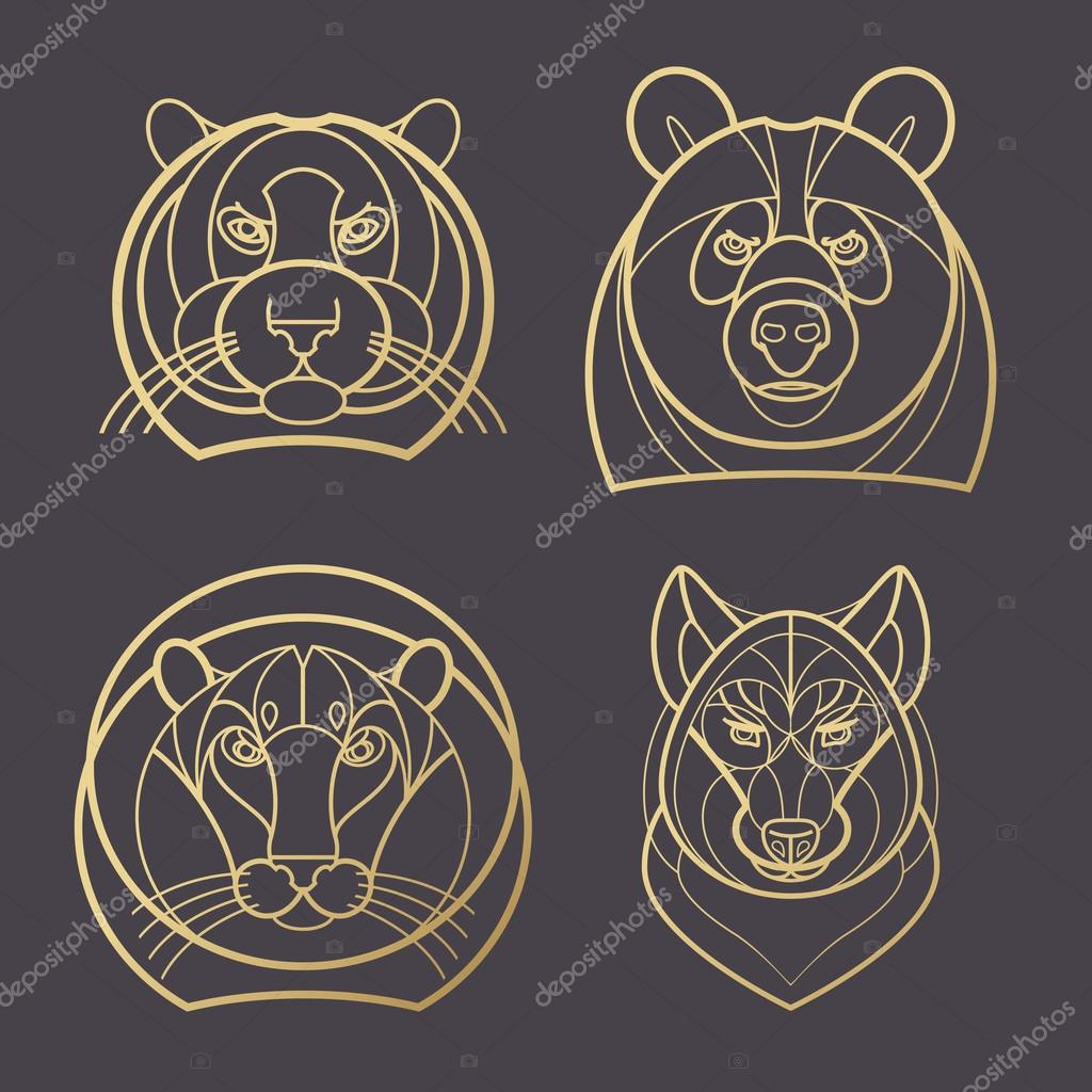 Vector illustration predatory animals. Designed create logo, icon in modern style mono line. Predatory animals tiger, lion, bear, wolf isolated on black background. Print gold foil. Symbol strength.